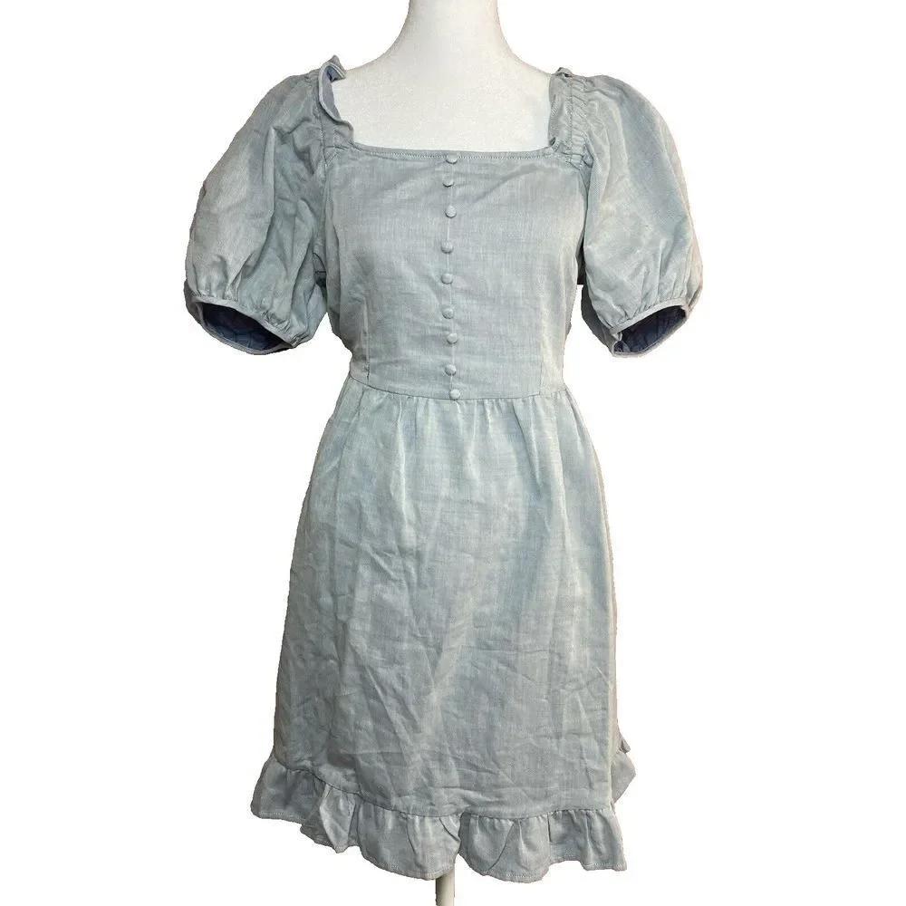 Who What Wear Women's Dress Small Chambray Twill Puff Sleeve Mini Ruffle Hem NWT